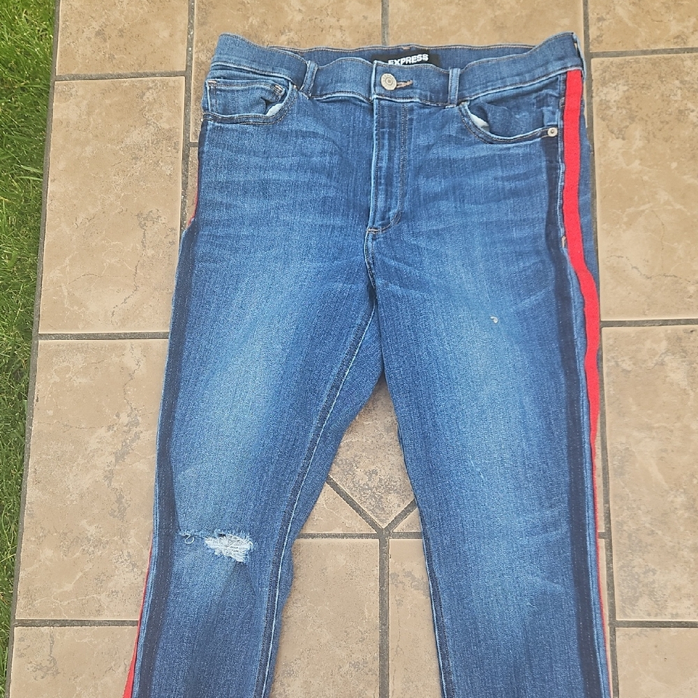 Express Blue Skinny Jeans with Red Stripe
